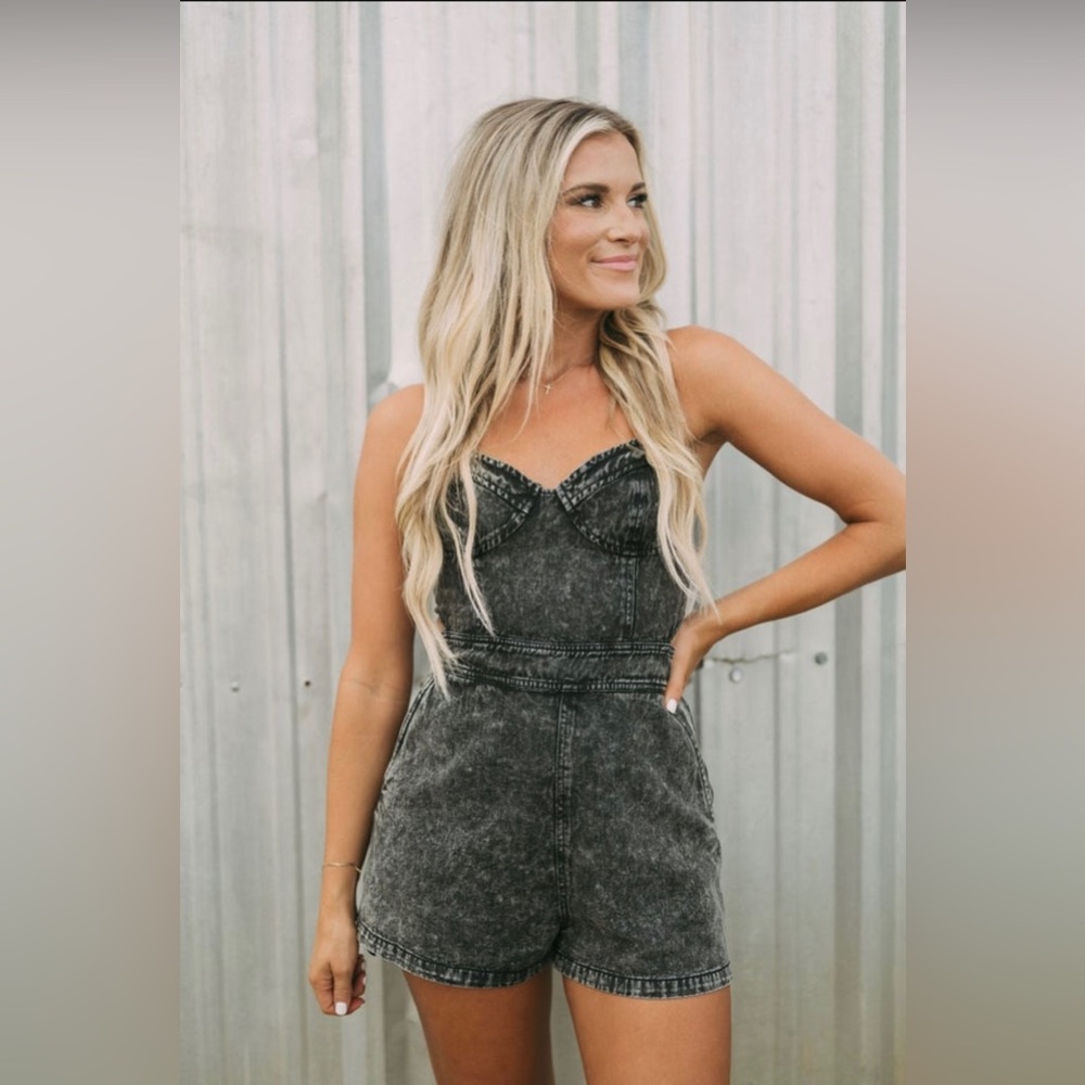 Lace up denim romper